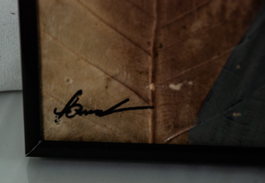 Framed Acrylic Painted Tobacco Leaves of Asian Folk Pair of 2