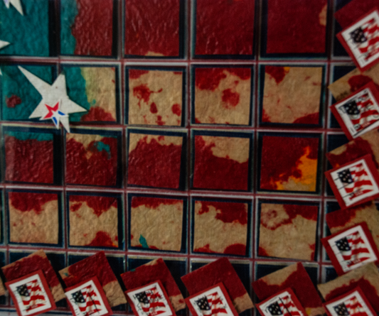 Framed Stamp Spangled Cast Colored Paper Pulp & Postage Stamps #20 By Jerry Exline