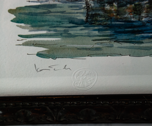 Coastal Port Town Sea Landscape Boats Signed Watercolor Like Print