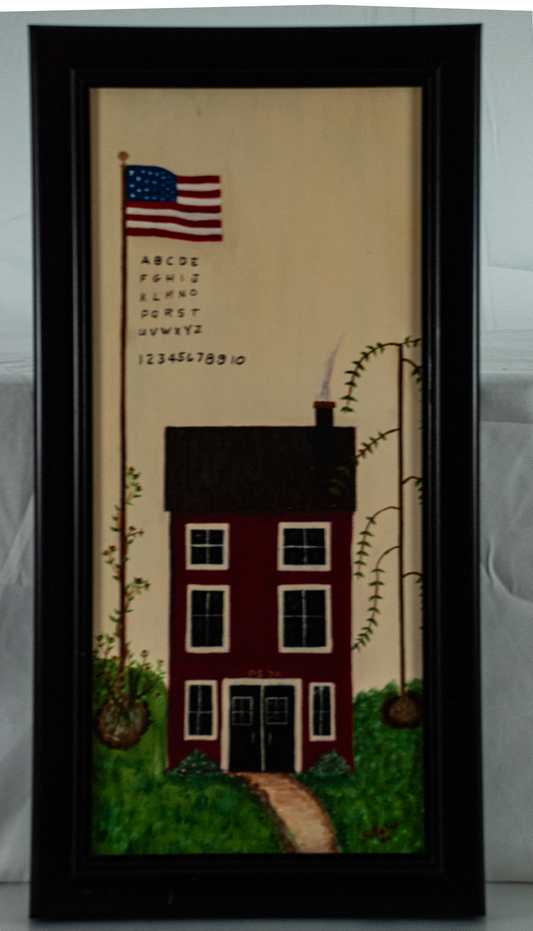S. Banu - Signed Folk Schoolhouse Painting on UV Glass
