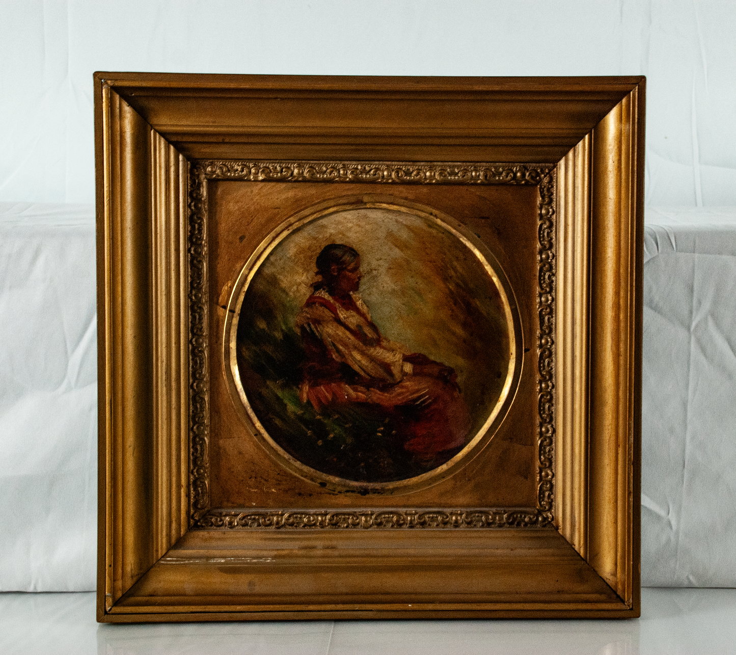 Native Lady Sitting in Nature - Oil on Wood Painting