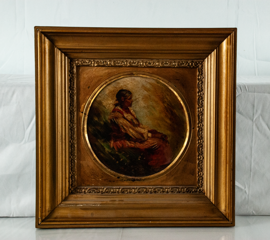 Native Lady Sitting in Nature - Oil on Wood Painting