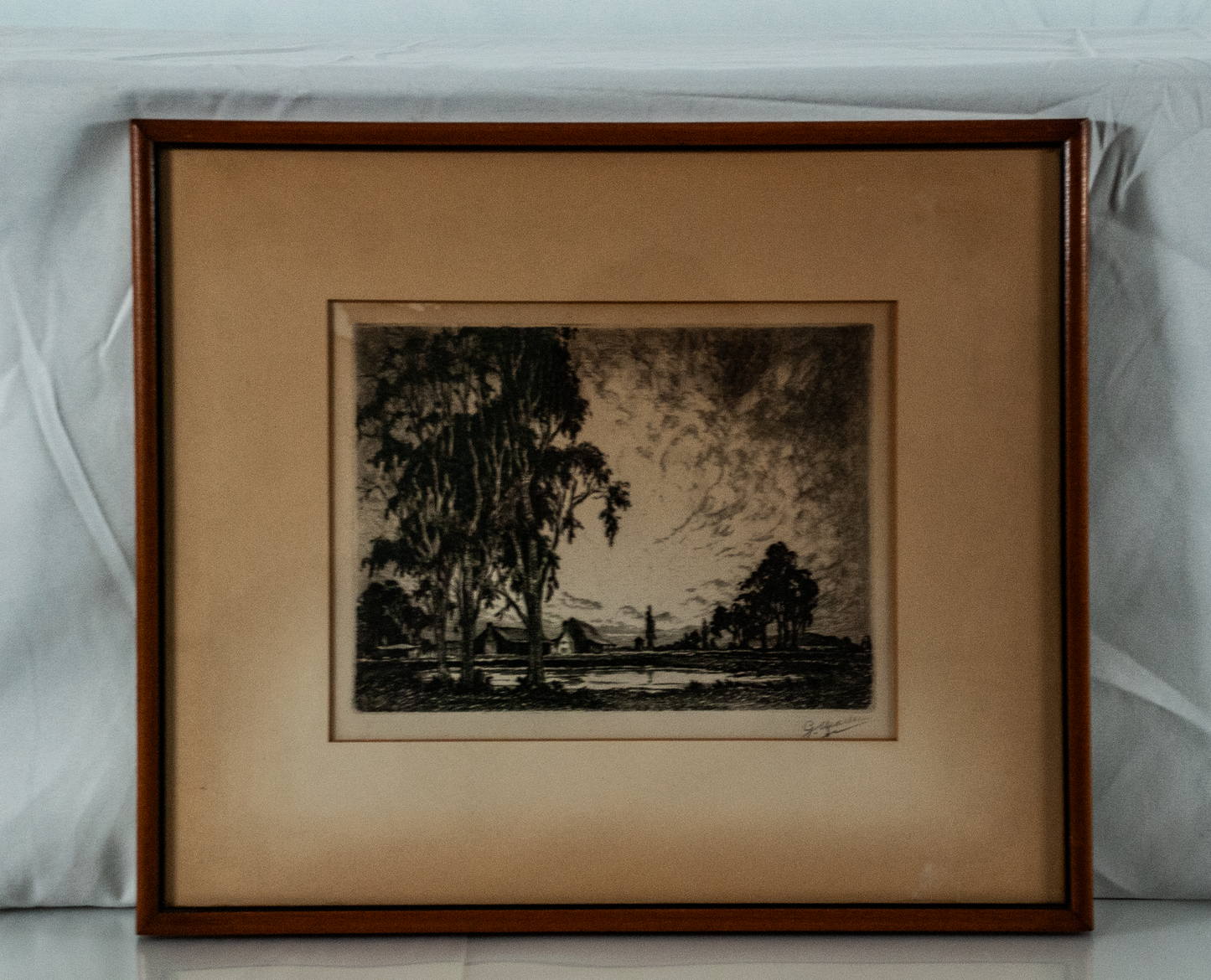 Framed Etching Titled "Evening" by C. Marler