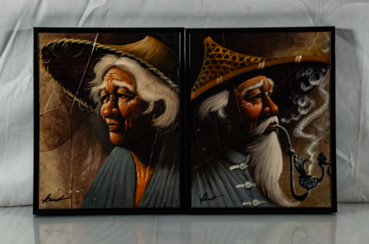 Framed Acrylic Painted Tobacco Leaves of Asian Folk Pair of 2