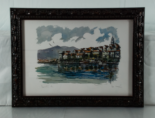 Coastal Port Town Sea Landscape Boats Signed Watercolor Like Print